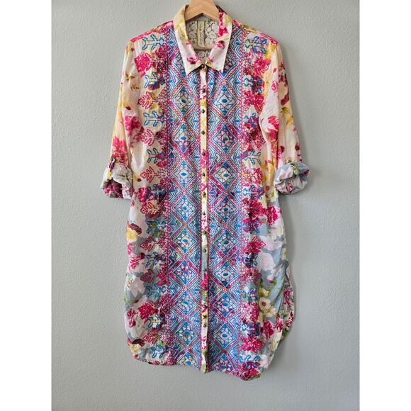 Aratta Silent Journey Floral Embroidered Tunic Shirt Dress Size L Boho Chic - Picture 1 of 12